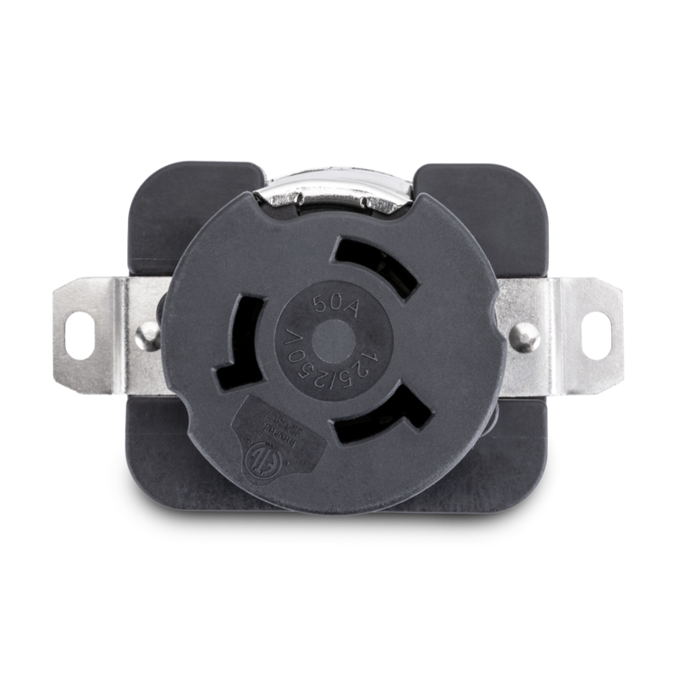 Black electrical outlet with metal screws on a white background