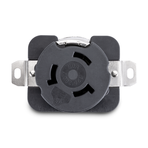 Black electrical outlet with metal screws on a white background