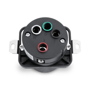 Black electrical connector with multiple colored terminals on a white background