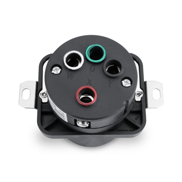 Black electrical connector with multiple colored terminals on a white background