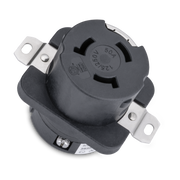 Black electrical plug with metal connectors on a white background
