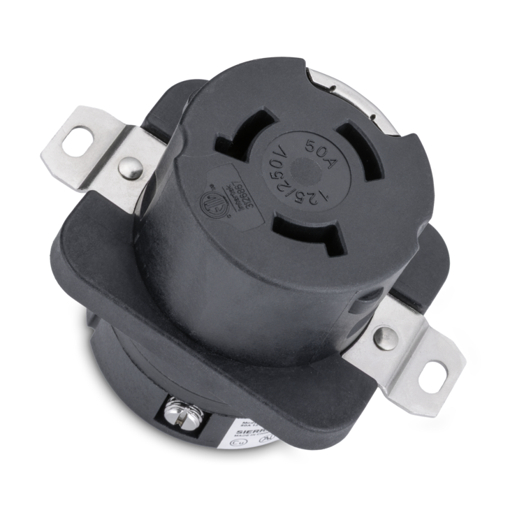 Black electrical plug with metal connectors on a white background