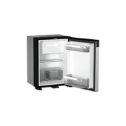 Small Dometic refrigerator with open door on a white background