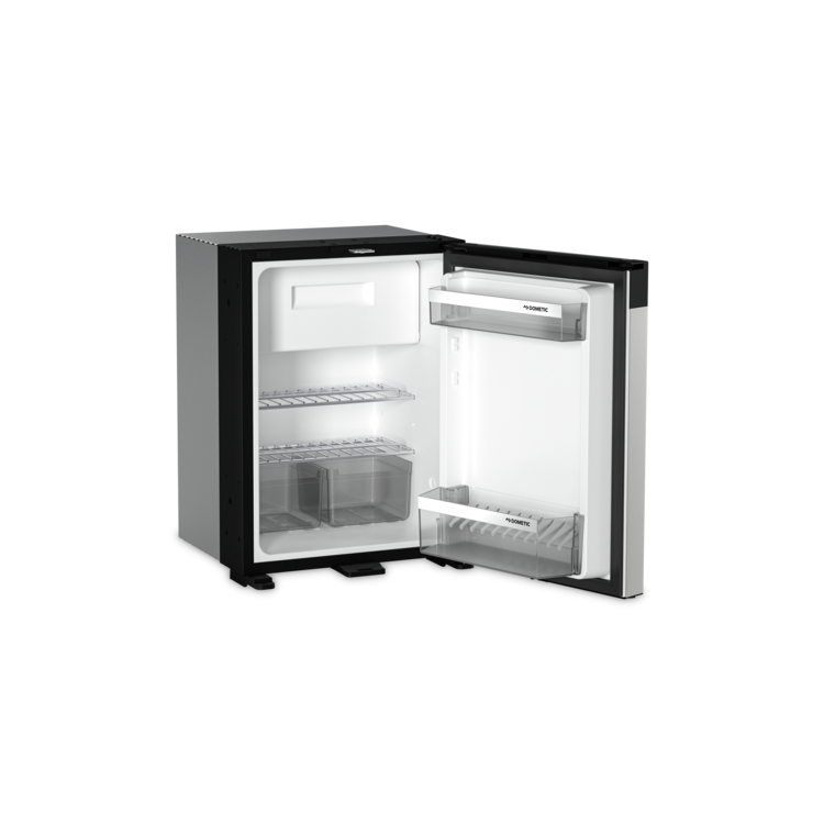 Small Dometic refrigerator with open door on a white background