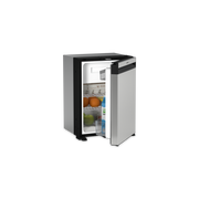 Small Dometic refrigerator with open door on a white background