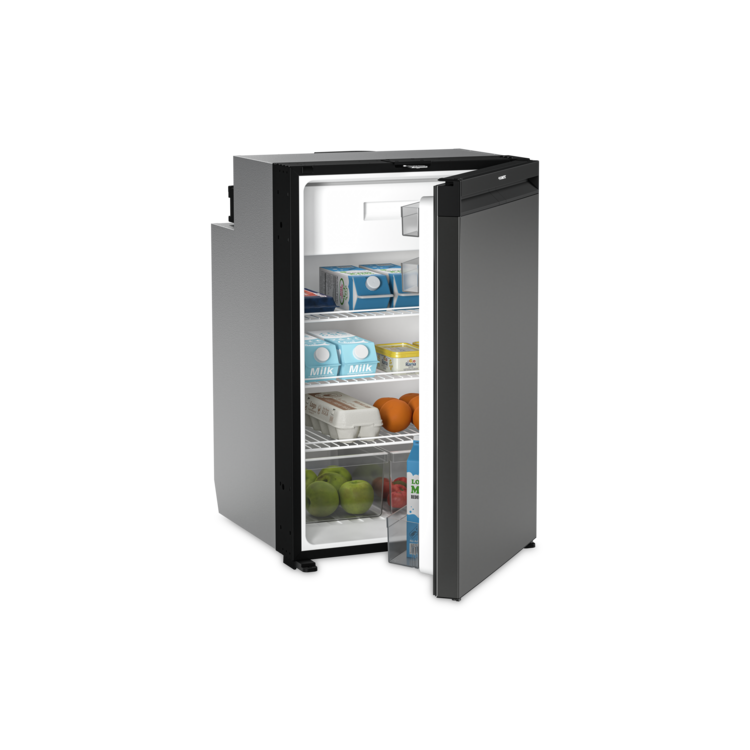 Small refrigerator with open door on a white background