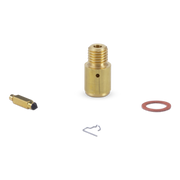 A brass cylindrical threaded component shown with a small brass end piece, a small silver clip, and a red rubber O-ring on a plain white background.
