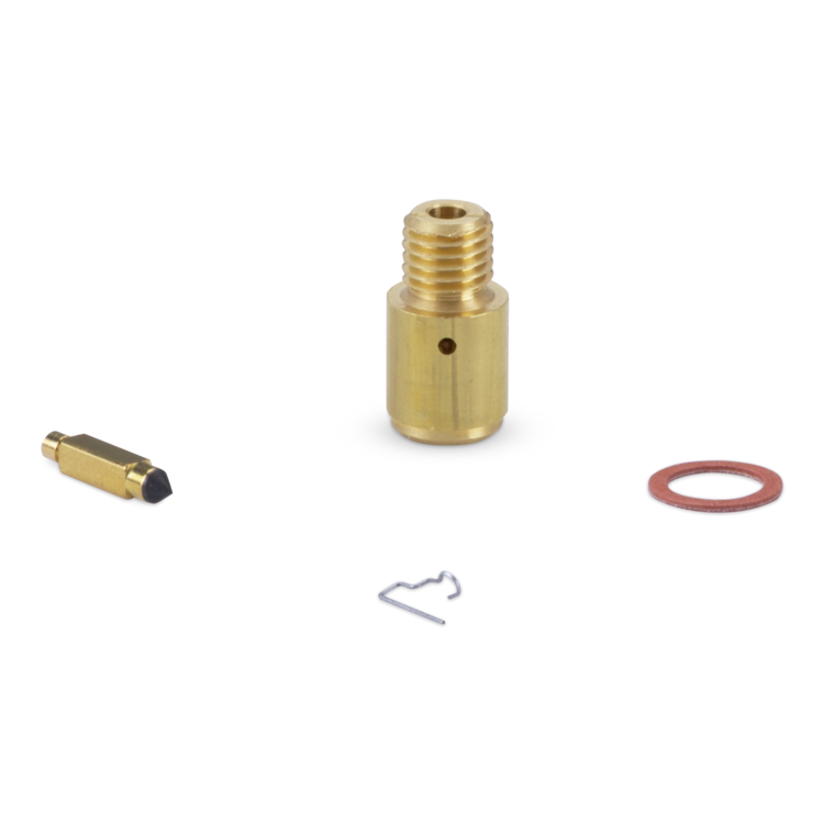 A brass cylindrical threaded component shown with a small brass end piece, a small silver clip, and a red rubber O-ring on a plain white background.