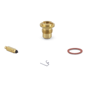 A small brass mechanical assembly kit on a white background, including a brass cylindrical component, a brass pin with a black tip, a red rubber O-ring, and a small silver metal clip.