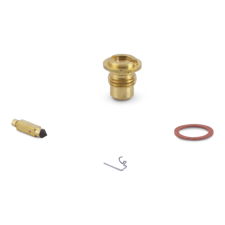 A small brass mechanical assembly kit on a white background, including a brass cylindrical component, a brass pin with a black tip, a red rubber O-ring, and a small silver metal clip.