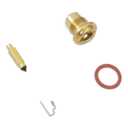 A small brass replacement kit with a threaded brass fitting, a brass needle tip with a black point, a reddish-brown rubber O-ring, and a small silver metal clip, arranged on a plain white background.