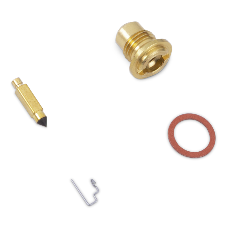 A small brass replacement kit with a threaded brass fitting, a brass needle tip with a black point, a reddish-brown rubber O-ring, and a small silver metal clip, arranged on a plain white background.