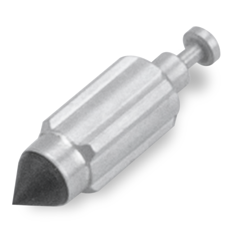 A metallic silver cylindrical component with a pointed dark tip and a short threaded stem, shown on a plain white background.
