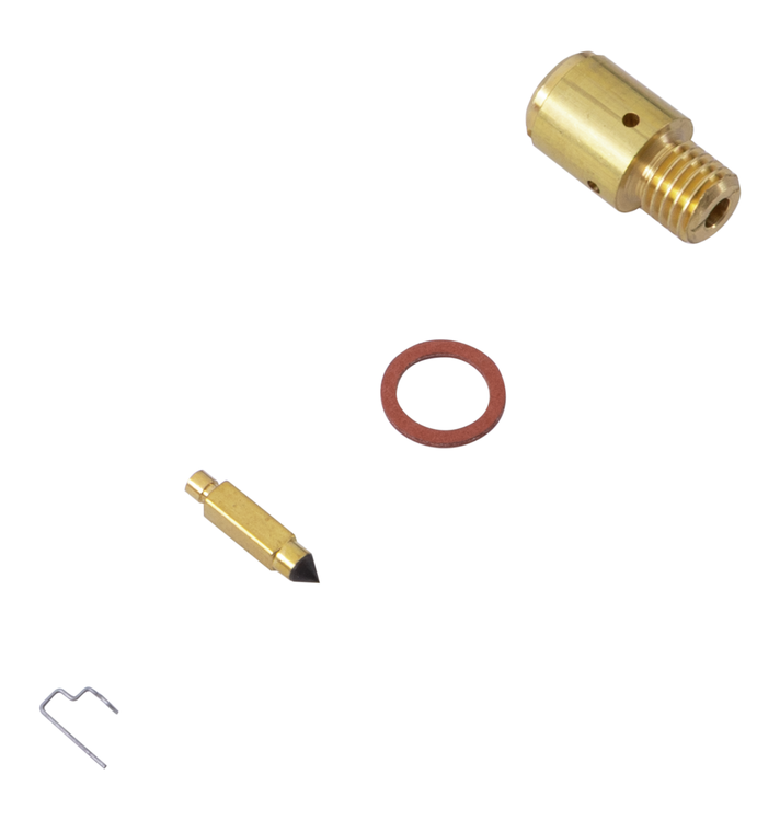A brass threaded cmponent, a small brass piece, a red rubber O-ring, and a small silver metal clip, arranged on a plain white background.