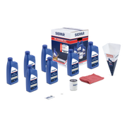 A collection of blue Sierra marine oil bottles, oil filter, red shop towel, and retail packaging on a white background