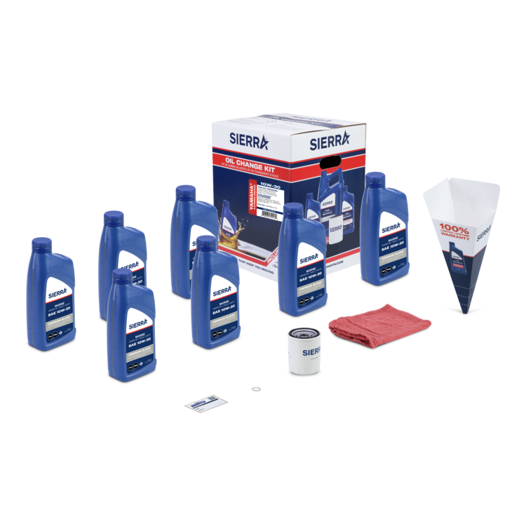 A collection of blue Sierra marine oil bottles, oil filter, red shop towel, and retail packaging on a white background