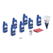 Collection of Sierra oil bottles, filter, and other marine care items on a white background
