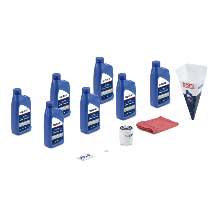 Collection of Sierra oil bottles, filter, and other marine care items on a white background