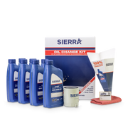 Sierra oil change kit with oil bottles, filter, and cleaning towel on a white background