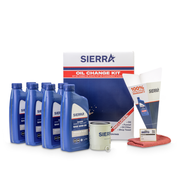 Sierra oil change kit with oil bottles, filter, and cleaning towel on a white background