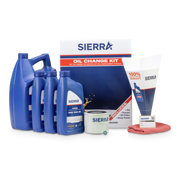 Sierra oil change kit with oil bottles, filter, funnel, and towel on a white background