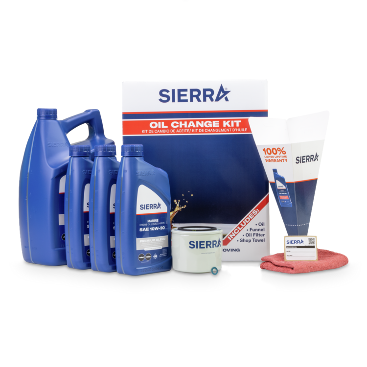 Sierra oil change kit with oil bottles, filter, funnel, and towel on a white background