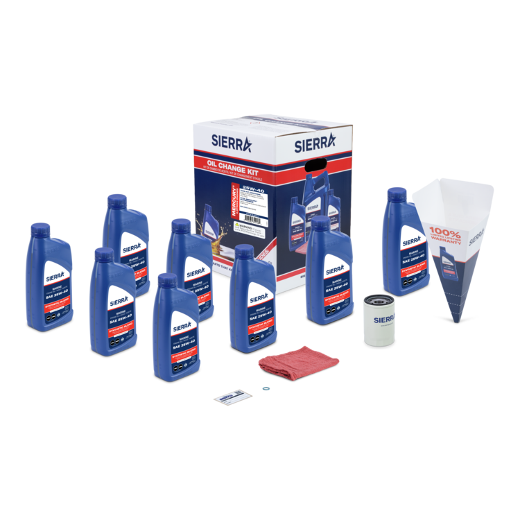 SIERRA oil change kit with bottles, funnel, and box on a white background