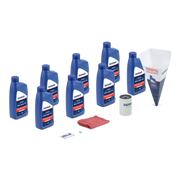 Collection of Sierra oil bottles, filter, and other oil change products on a white background