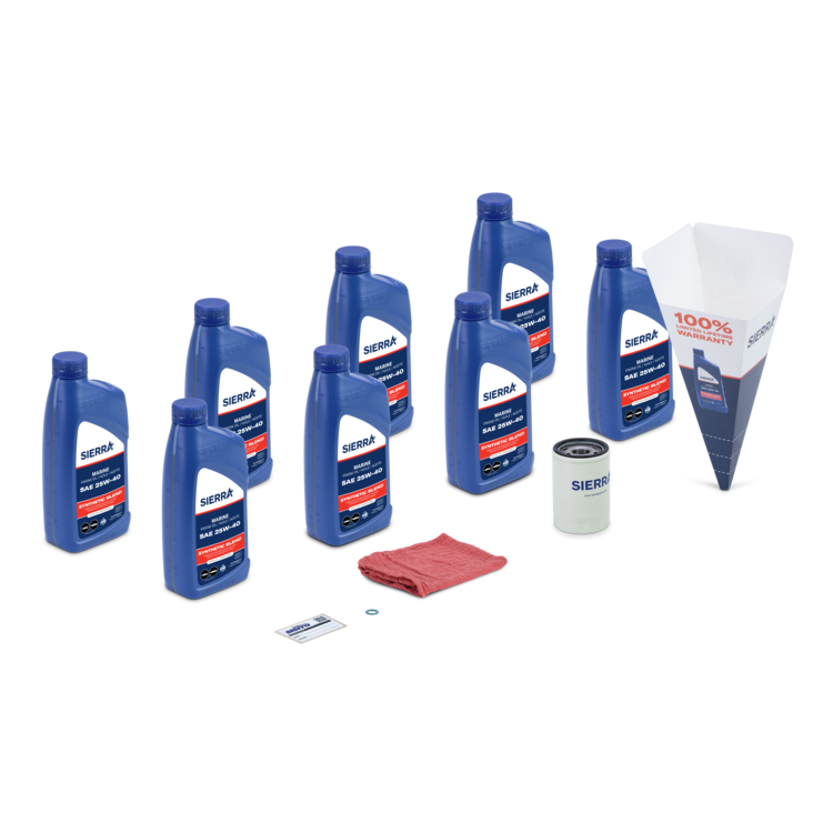 Collection of Sierra oil bottles, filter, and other oil change products on a white background