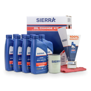 Sierra oil change kit with oil bottles, filter, and towels on a white background