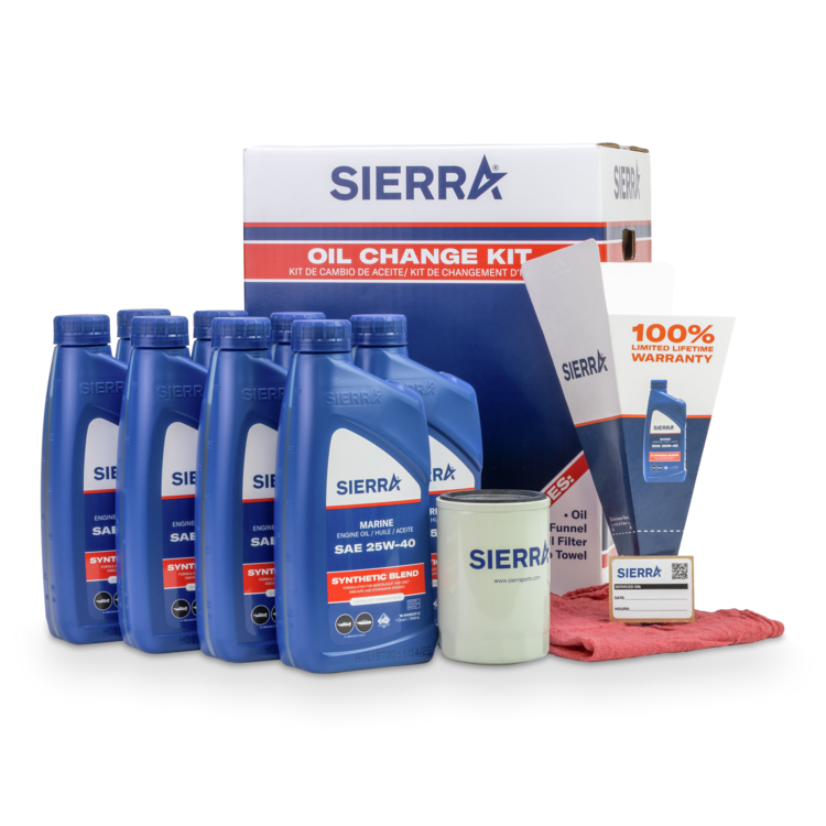 Sierra oil change kit with oil bottles, filter, and towels on a white background