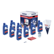 A collection of blue Sierra marine oil bottles, oil filter, shop towel, funnel, and retail box on a white background