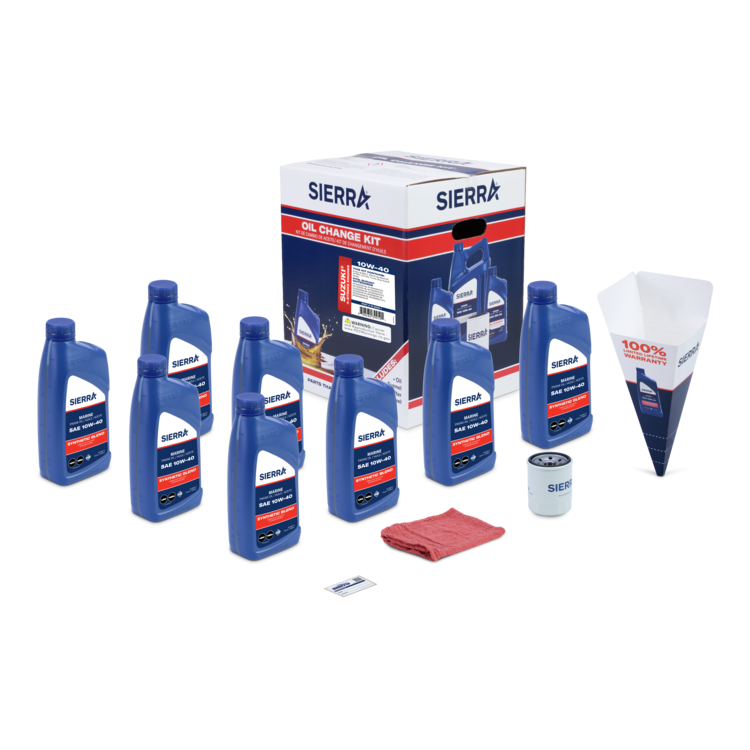 A collection of blue Sierra marine oil bottles, oil filter, shop towel, funnel, and retail box on a white background
