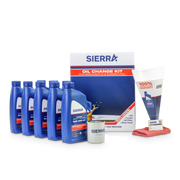 A collection of blue Sierra marine oil bottles, oil filter, and retail packaging on a white background