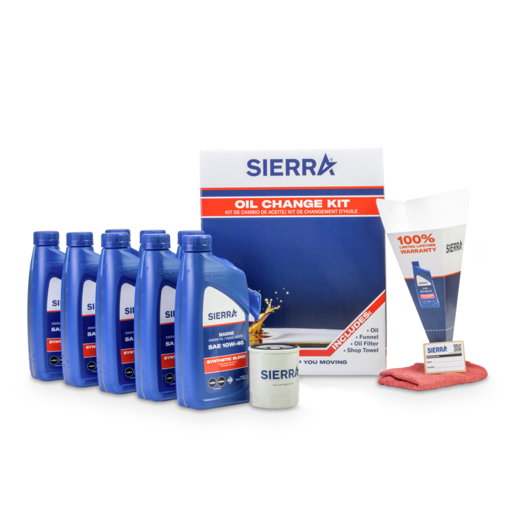 A collection of blue Sierra marine oil bottles, oil filter, and retail packaging on a white background