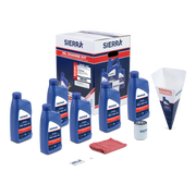 A collection of blue Sierra marine oil bottles, an oil filer, red shop towel, and a Sierra branded retail box on a white background