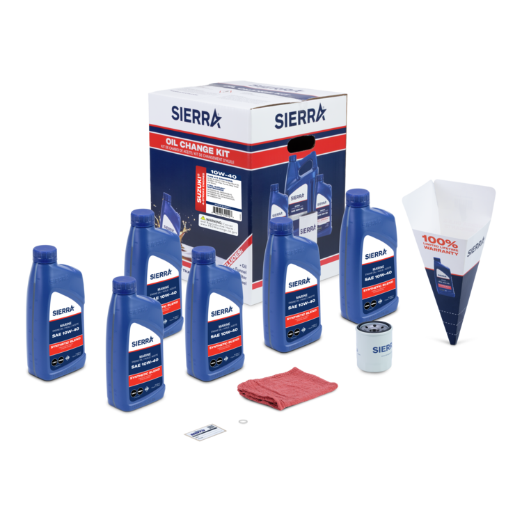 A collection of blue Sierra marine oil bottles, an oil filer, red shop towel, and a Sierra branded retail box on a white background