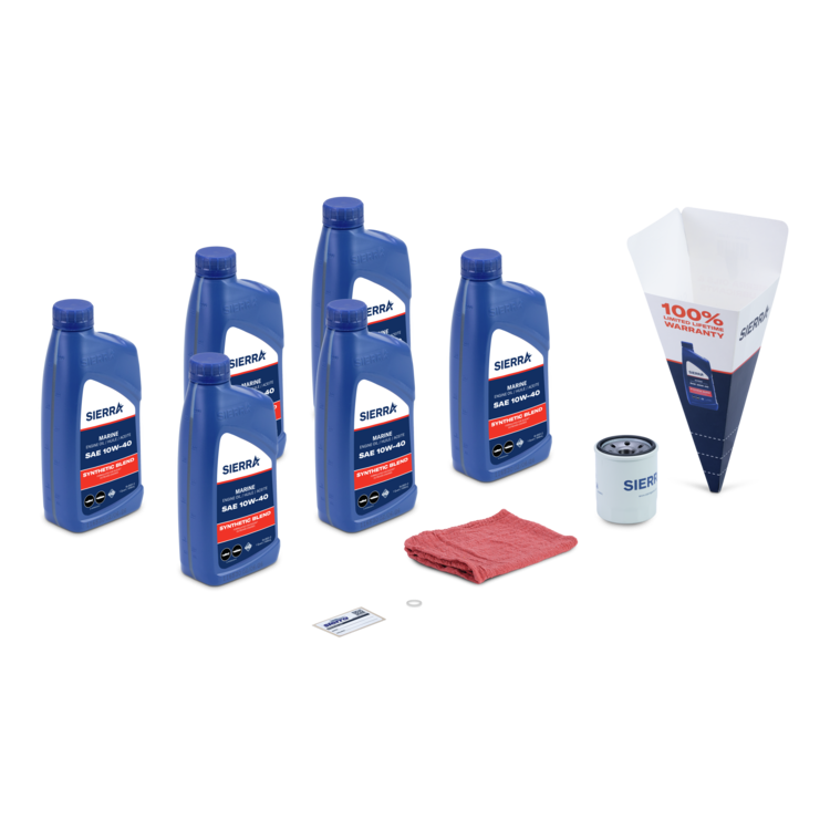 Collection of Sierra oil products including bottles, a funnel, and a filter on a white background.