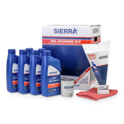Sierra oil change kit with oil bottles, filter, and other components on a white background