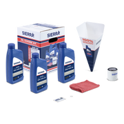 Sierra oil change kit with oil bottles, funnel, and other tools on a white background
