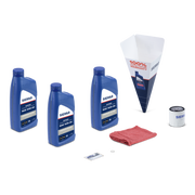 A collection of three blue Sierra marine oil bottles and oil change supplies on a white background