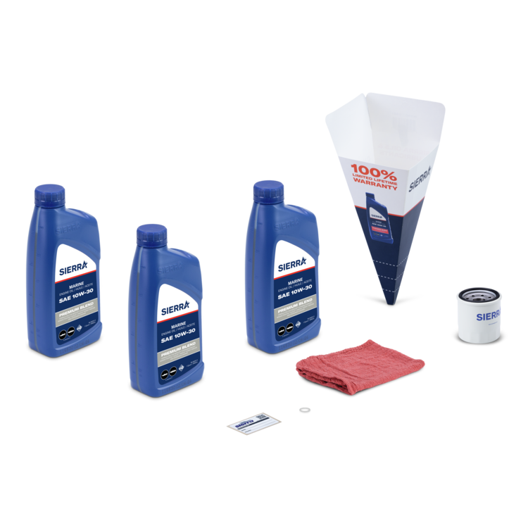 A collection of three blue Sierra marine oil bottles and oil change supplies on a white background