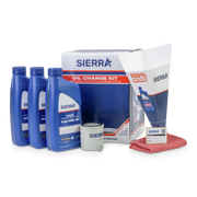 Blue Sierra marine oil bottles and oil change supplies on a white background