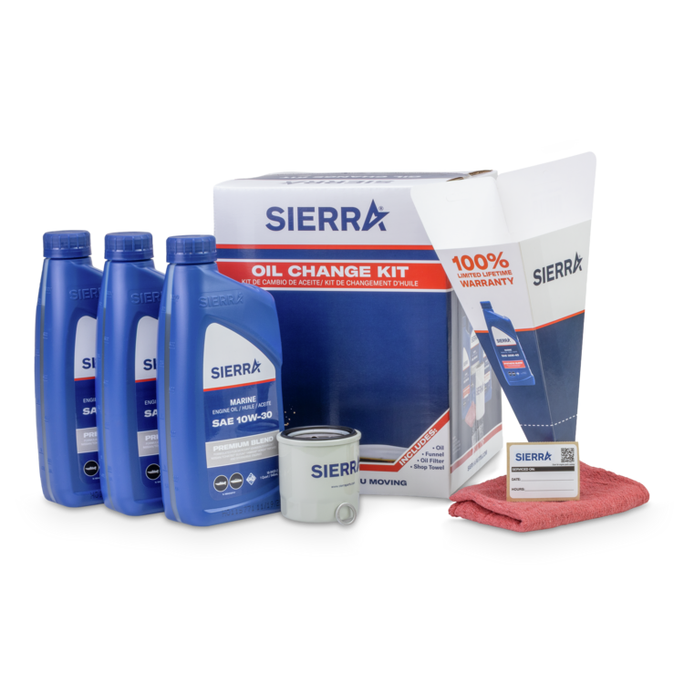 Blue Sierra marine oil bottles and oil change supplies on a white background