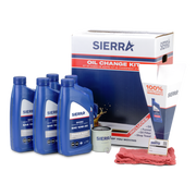 Sierra oil change kit with oil bottles, filter, and accessories on a white background