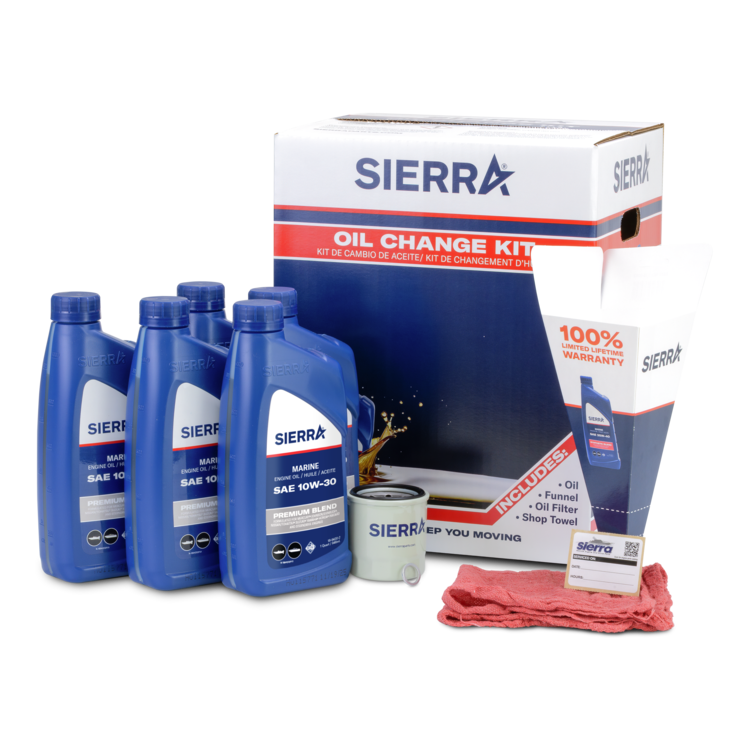 Sierra oil change kit with oil bottles, filter, and accessories on a white background