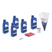 Collection of Sierra oil products including bottles, a filter, and a funnel on a white background.