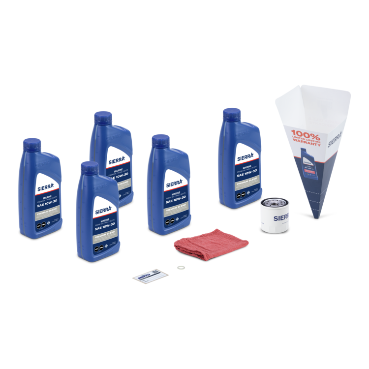Collection of Sierra oil products including bottles, a filter, and a funnel on a white background.