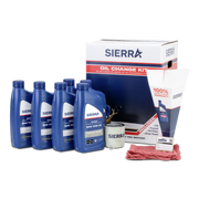 Sierra oil change kit with oil bottles, filter, and accessories on a white background