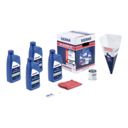 A collection of blue Sierra marine oil bottles, oil filter, red shop towel, and retail packaging on a white background